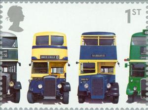 Stamp, AEC Regent 1, 1934 and others........., United Kingdom of Great Britain & Northern Ireland,  , Vehicles, Cars, Omnibuses