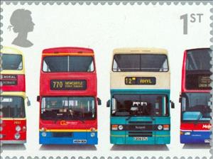 Stamp, Daimler Fleetline CRG6LX-33, 1973 and others........., United Kingdom of Great Britain & Northern Ireland,  , Vehicles, Cars, Omnibuses