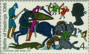 Stamp, Battle Scene from the Bayeux Tapestry I, United Kingdom of Great Britain & Northern Ireland,  , Weapons, Mammals, Commemoration, Horses, Textile, Animals (Fauna), Anniversaries and Jubilees