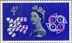 Stamp, Doves and Emblem 4d., United Kingdom of Great Britain & Northern Ireland,  , Postal Services, Postal Unions, Stylized Animals, C.E.P.T., Europe, Carrier-pigeons