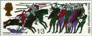 Stamp, Norman Horsemen attacking Harold's Troops, United Kingdom of Great Britain & Northern Ireland,  , Weapons, Mammals, Commemoration, Horses, Textile, Animals (Fauna), Anniversaries and Jubilees
