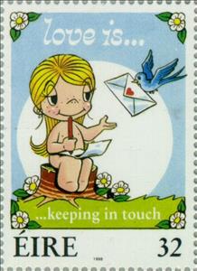 Stamp, Love is...keeping in touch, Ireland,  , Drawings, Carrier-pigeons, Pigeons, Love, Animals (Fauna), Letters (Mail)