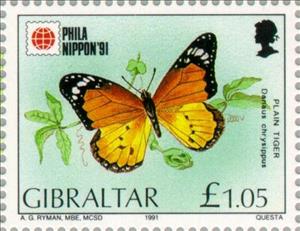 Stamp, Plain Tiger (Danaus chrysippus), Gibraltar,  , Philatelic Exhibitions, Expositions, Insects, Philately, Butterflies
