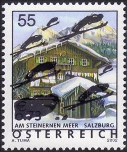 Stamp, Overprinted with new Design - Ski Jumper, Austria,  , Tourism, Farmhouses