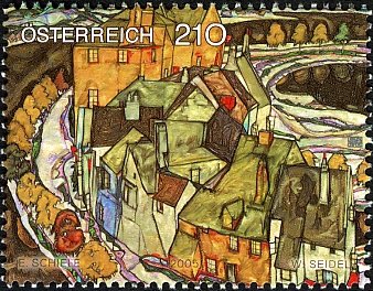Stamp, Egon Schiele - Row of Houses, Austria,  , Paintings, Art