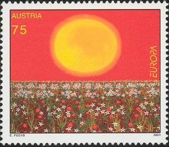 Stamp, "Flower field" by Eva Fuchs, Austria,  , Postal Unions, Flowers, Tourism, C.E.P.T., Europe, Sun, Plants (Flora)