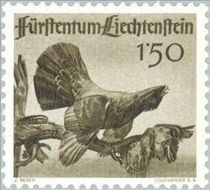 Stamp, Western Capercaillie (Tetrao urogallus), Liechtenstein,  , Birds, Hunting, Animals (Fauna)