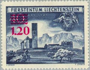Stamp, Overprint, Liechtenstein,  , Churches - Cathedrals - Basilicas - Chapels, Anniversaries and Jubilees
