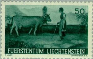 Stamp, Cow (Bos primigenius taurus), Maid, Liechtenstein,  , Mammals, Agriculture, Professions, Cattle, Animals (Fauna)