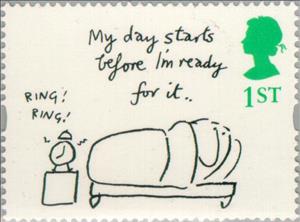 Stamp, "My day starts before I'm ready for it" (Mel Calman), United Kingdom of Great Britain & Northern Ireland,  , Drawings, Cartoons, Comics
