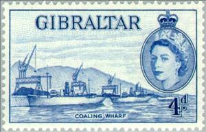 Stamp, Coaling Wharf, Gibraltar,  , Heads of State, Ships, Ports, Queens, Cranes (Machines)