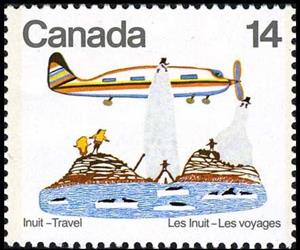 Stamp, Aeroplane (stonecut & stencil print by Pudlo), Canada,  , Aviation, Aircrafts