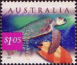 Stamp, Loggerhead (Caretta caretta), Diadem Volute (Melo amphora), Australia,  , Turtles