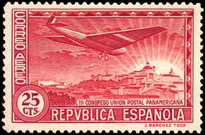 Stamp, Panamerican Postal Union Congress, Spain,  , Sun, Townscapes / City Views, Aircrafts