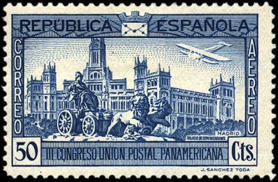Stamp, Panamerican Postal Union Congress, Spain,  , Fountains, Лев, Statues, Aircrafts
