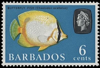 Stamp, Spotfin Butterflyfish (Chaetodon ocellatus), Barbados,  , Animals (Fauna), Fishes