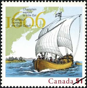 Stamp, Champlain surveys the East Coast, 1606, Canada,  , Ships, Sailing Ships