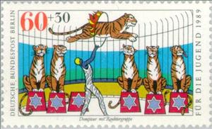 Stamp, Tamer with predator group, Berlin,  , Mammals, Culture, Circus, Tigers, Children, Animals (Fauna)