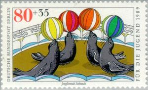 Stamp, Juggling sea lions, Berlin,  , Toys, Culture, Sea (Marine) Mammals, Circus, Children, Animals (Fauna), Seals (Animals)