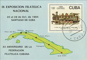 Souvenir Sheet, IX Nat. Phyl. Ex. 20th Anniversary of CPF, Cuba,  , Maps, Philatelic Exhibitions, Railways
