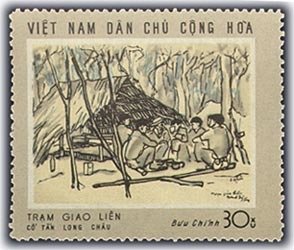 Stamp, "Halt at a relay station" - painting by Co Tan Long Chau, Vietnam,  
