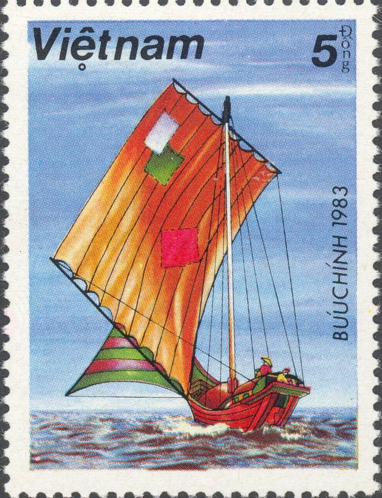 Sailing boat with patched sails