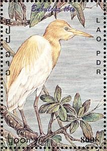 Stamp, Cattle Egret (Bubulcus ibis), Laos,  , Birds, Animals (Fauna)
