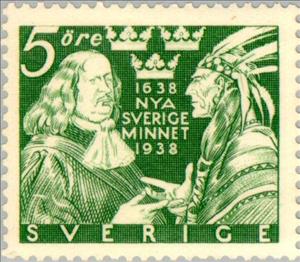 Stamp, Governor Johan Printz (1592-1663) & native, Sweden,  , Colonisation