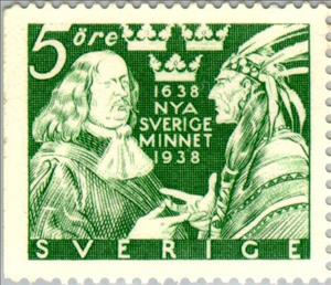 Stamp, Governor Johan Printz (1592-1663) & native, Sweden,  , Colonisation
