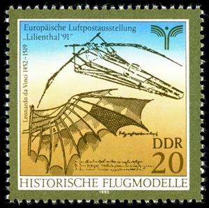 Stamp, Draft swing-wing aircraft by Leonardo da Vinci, Germany, Democratic Republic,  , Inventions, Aviation, Aircrafts