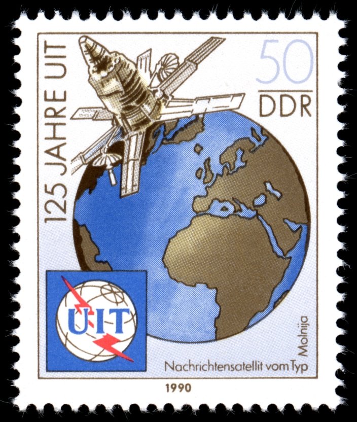 Communications satellite Molniya-type in front of the globe