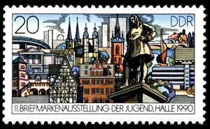 Stamp, Historical and modern buildings in Halle, Germany, Democratic Republic,  