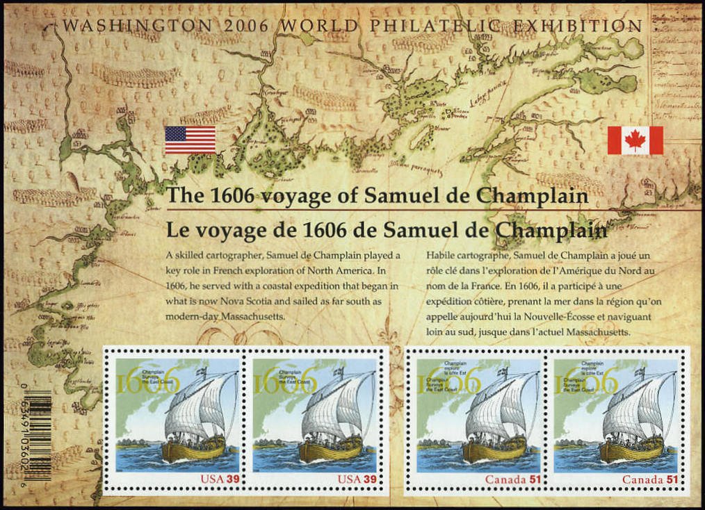 Champlain surveys the East Coast, 1606, souvenir sheet