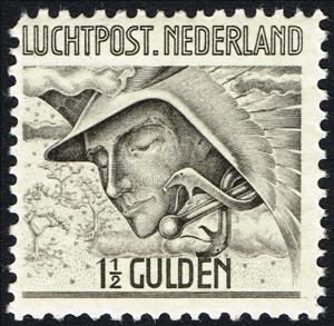 Stamp, Mercury head over Netherlands landscape, Netherlands,  , Mythology