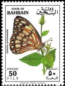 Stamp, Yellow Splendour Tip (Colotis protomedia), Bahrain,  , Flowers, Insects, Butterflies, Animals (Fauna)