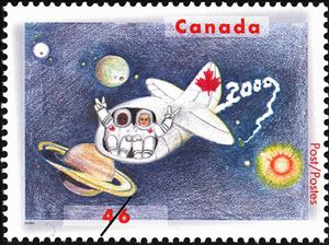 Stamp, Two Space Travellers, one White, one Black, Seated Side-by-s, Canada,  