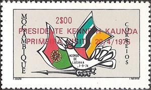 Stamp, President Kenneth Kaunda - First Visit, Mozambique,  , Flags, Stylized Animals, Pigeons
