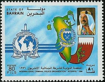 Stamp, Interpol crest, police crest, map and national flag of Bahra, Bahrain,  