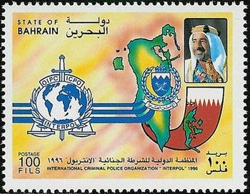 Stamp, Interpol crest, police crest, map and national flag of Bahra, Bahrain,  