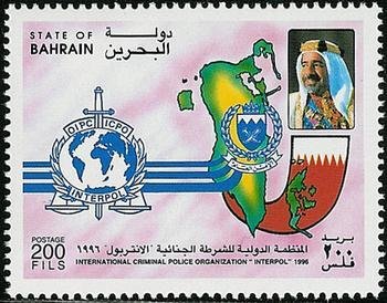 Interpol crest, police crest, map and national flag of Bahra