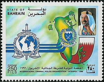 Interpol crest, police crest, map and national flag of Bahra
