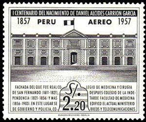 Stamp, Centenary of Daniel A Carrion's birth, Peru,  