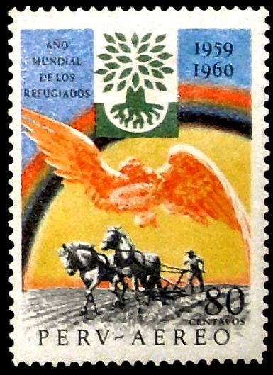 Ploughing farmer, sign of the World Refugee Year