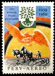 Stamp, Ploughing farmer, sign of the World Refugee Year, Peru,  