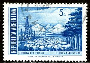 Stamp, Herd of sheep on Tierra del Fuego, Argentina,  , Sheep, Mountains