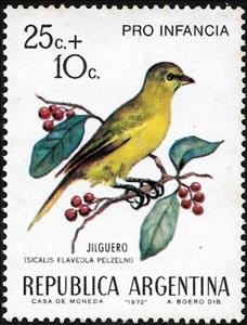 Stamp, Saffron Finch (Sicalis flaveola) , Argentina,  , Birds