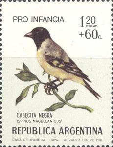 Stamp, Hooded Siskin (Spinus magellanicus), Argentina,  