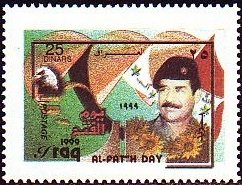 Stamp, Saddam Hussein with beret, emblem, Iraq,  