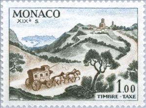 Stamp, Stagecoach (19th cent.), Monaco,  , Landscapes, Vehicles, Mammals, Horses, Mailcoaches, Animals (Fauna)