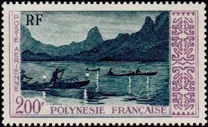 Stamp, Night fishing off the island Mooréa, French Polynesia,  
